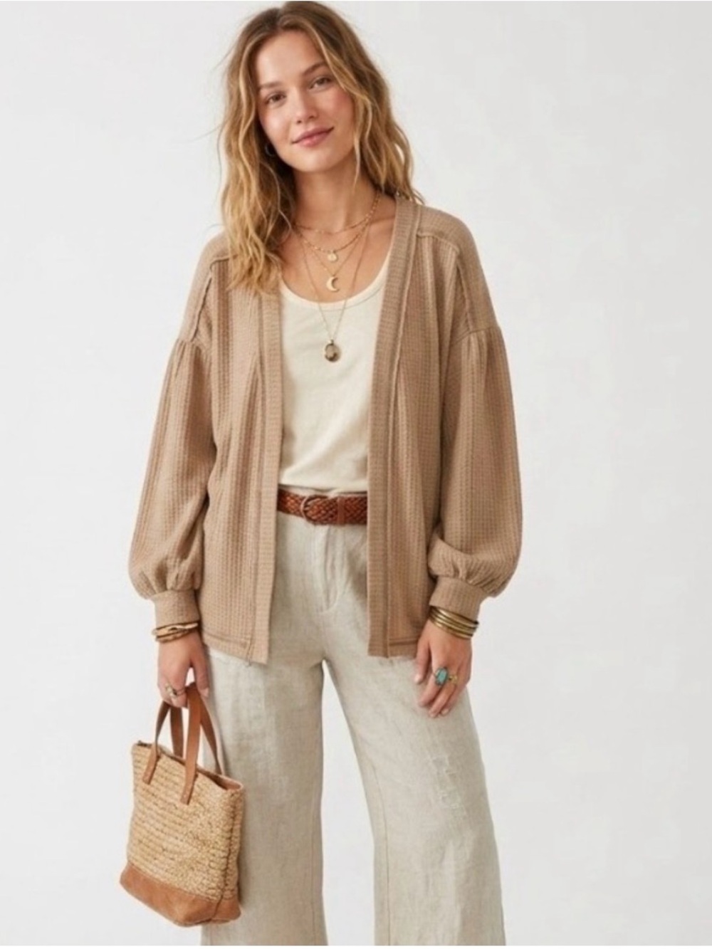 Blu Pepper Waffle Knit Open lightweight Boho Cardigan in Taupe